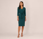 Three Quarter Sleeve Pleated Midi Dress With Tie Waist In Hunter 7