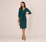 Three Quarter Sleeve Pleated Midi Dress With Tie Waist In Hunter 1