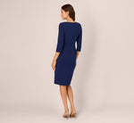 Three Quarter Sleeve Pleated Midi Dress With Tie Waist In Navy Sateen 5