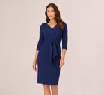 Three Quarter Sleeve Pleated Midi Dress With Tie Waist In Navy Sateen 2