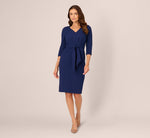 Three Quarter Sleeve Pleated Midi Dress With Tie Waist In Navy Sateen 7