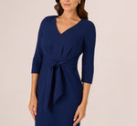 Three Quarter Sleeve Pleated Midi Dress With Tie Waist In Navy Sateen 4