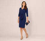 Three Quarter Sleeve Pleated Midi Dress With Tie Waist In Navy Sateen 1