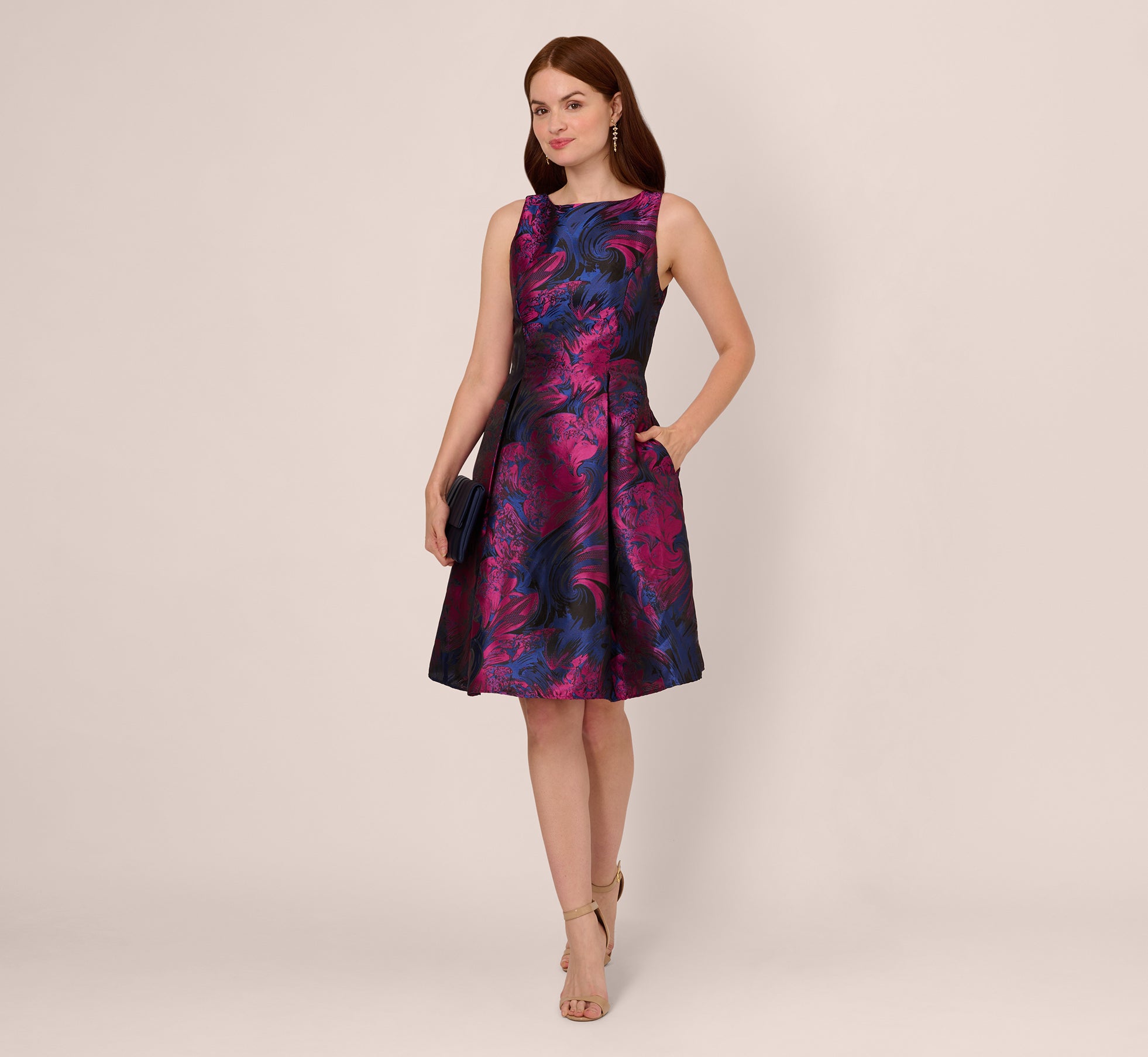 aidan mattox Floral Jacquard Short Dress With Envelope Back In Navy Orchid Online | Clothing