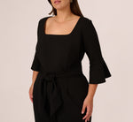 Plus Size Knit Crepe Wide Leg Jumpsuit With Bell Sleeves In Black 3