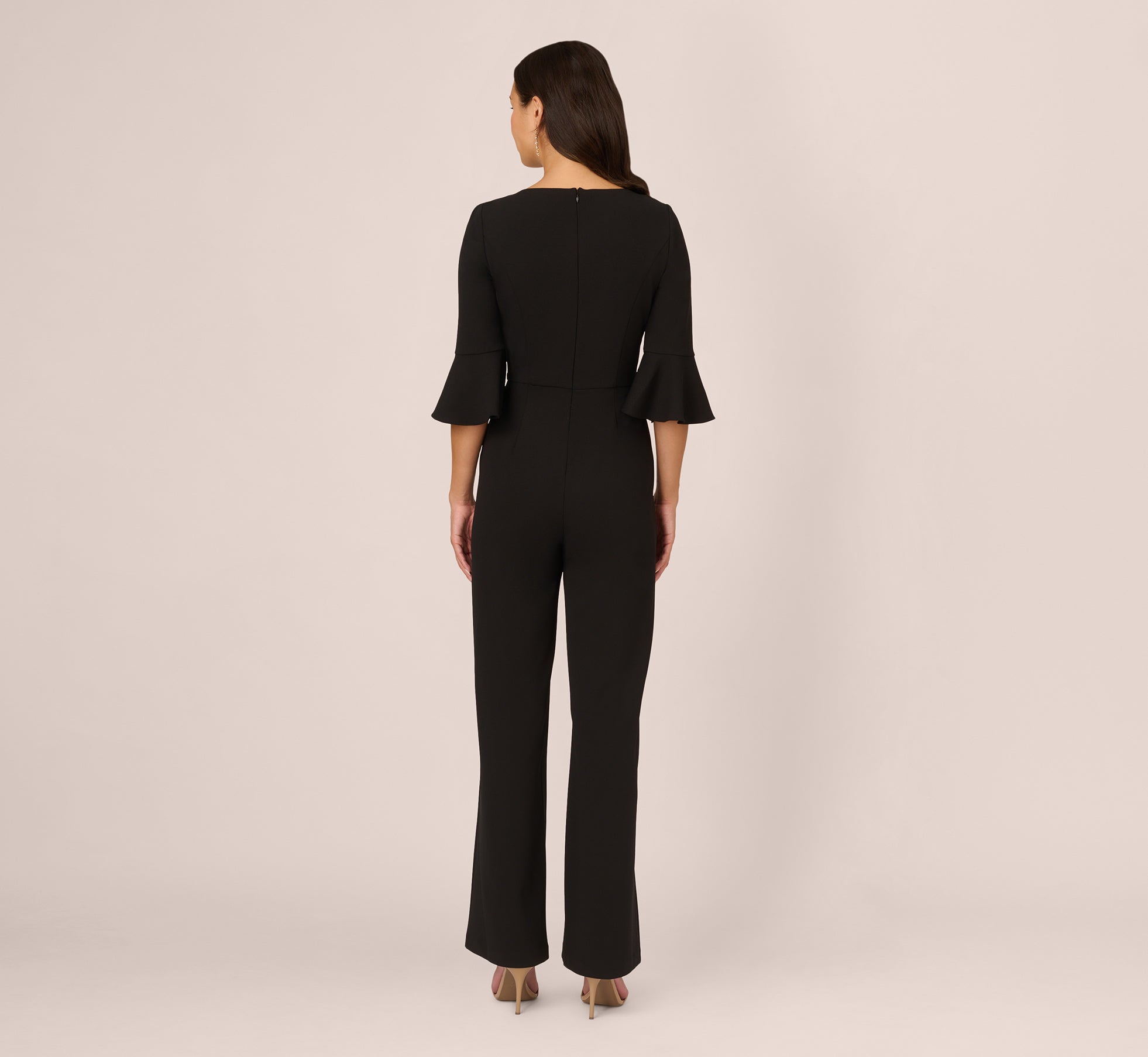 Black Knit Crepe Wide Leg Jumpsuit With Bell Sleeves - Adrianna Papell