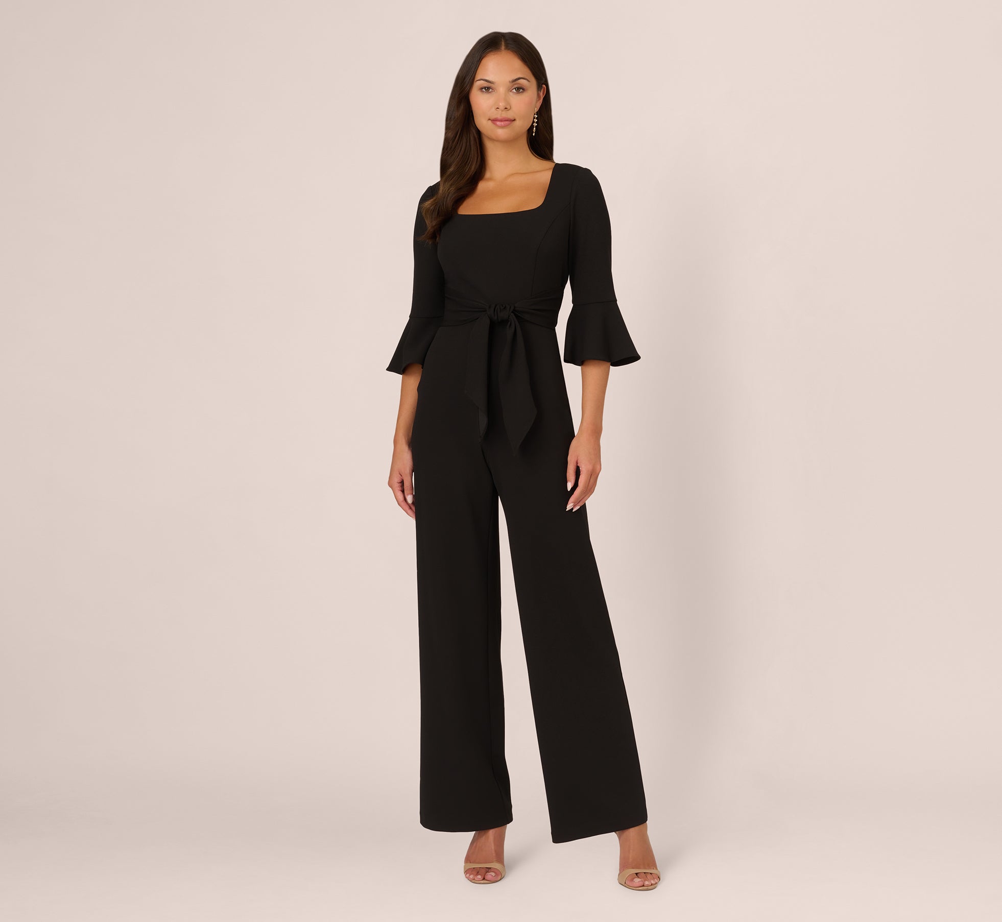 Knit Crepe Wide Leg Jumpsuit With Bell Sleeves In Black Adrianna