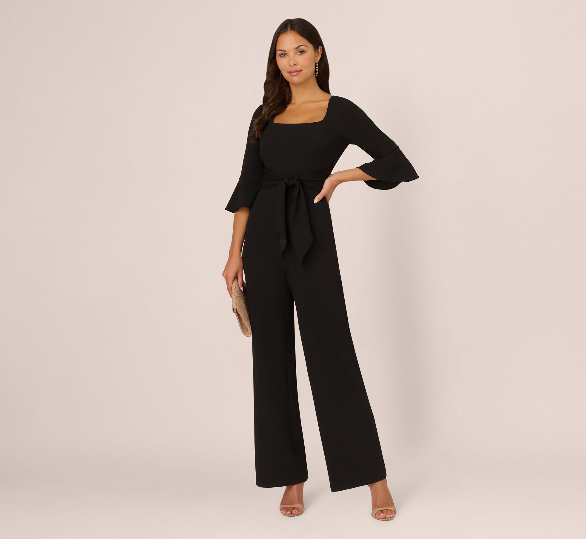 Petite Clothing Long Sleeve Knit Jumpsuit Knit Crepe Wide Leg