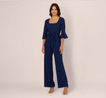 Knit Crepe Wide Leg Jumpsuit With Bell Sleeves In Navy Sateen 2