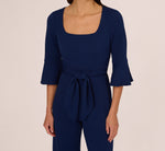 Knit Crepe Wide Leg Jumpsuit With Bell Sleeves In Navy Sateen 3
