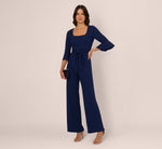 Knit Crepe Wide Leg Jumpsuit With Bell Sleeves In Navy Sateen 1