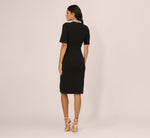 Embellished Short Sleeve Crepe Midi Sheath Dress In Black Ivory 5