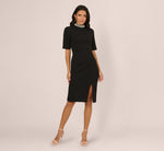 Embellished Short Sleeve Crepe Midi Sheath Dress In Black Ivory 2