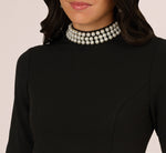 Embellished Short Sleeve Crepe Midi Sheath Dress In Black Ivory 3