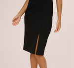 Embellished Short Sleeve Crepe Midi Sheath Dress In Black Ivory 4