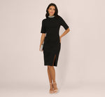 Embellished Short Sleeve Crepe Midi Sheath Dress In Black Ivory 1