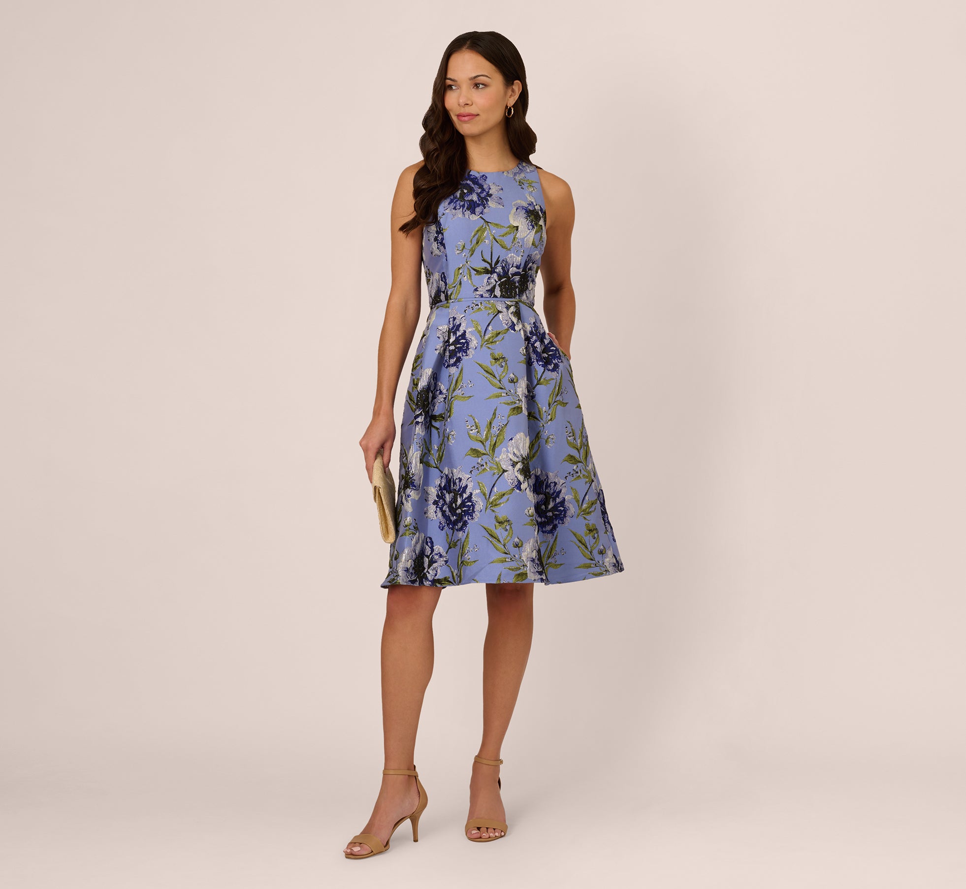 slim fit dress slacks Sleeveless Jacquard Fit And Flare Midi Dress In Blue Multi