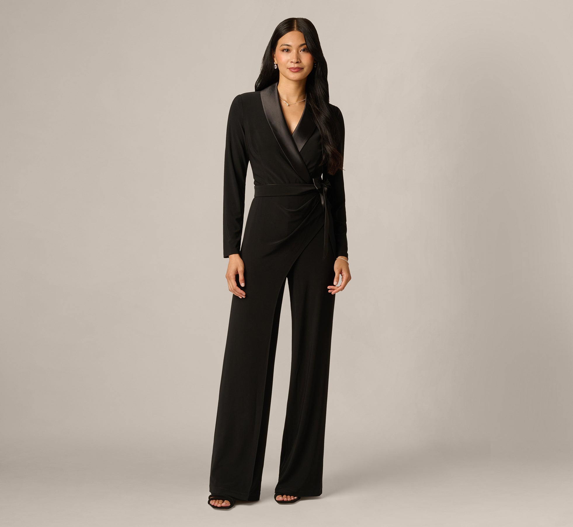 formal dress for women jumpsuit Black Jersey Wide Leg Tuxedo With Charmeuse Details elegant formal jumpsuit