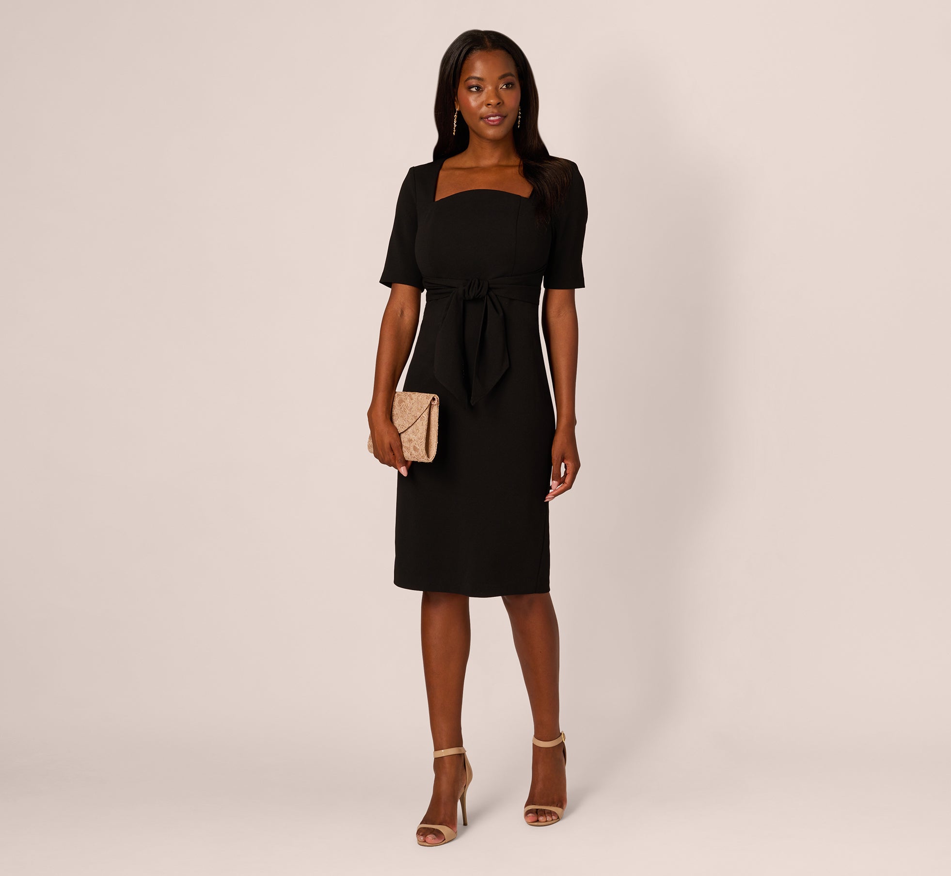 adrianna papell Three Quarter Sleeve Trapeze Dress With Ruffle Mock Neck In Black New Arrivals | adrianna papell Three Quarter Sleeve Trapeze Dress With Ruffle Mock Neck In Black New Arrivals |