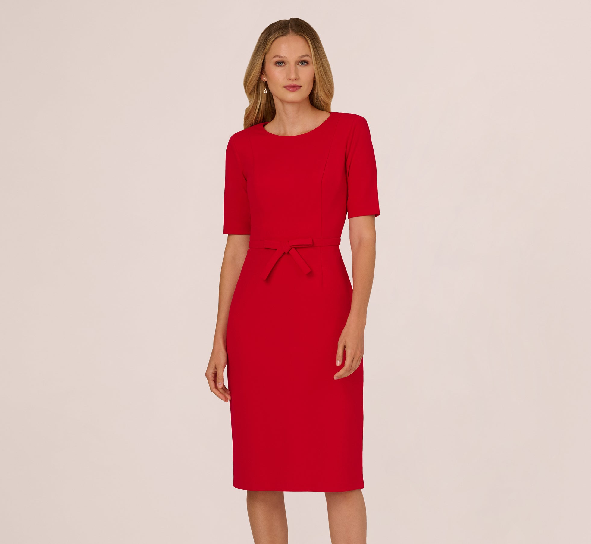 formal short red dress with sleeves Ashley Lauren 4816 Short Flared Bow Pleated Cocktail Dress Homecoming Gown V neck Formal 6 / Red