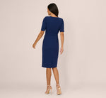 Short Sleeve Bow Waist Sheath Dress In Navy Sateen 5