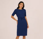 Short Sleeve Bow Waist Sheath Dress In Navy Sateen 2