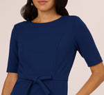 Short Sleeve Bow Waist Sheath Dress In Navy Sateen 3