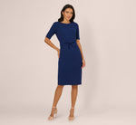 Short Sleeve Bow Waist Sheath Dress In Navy Sateen 7
