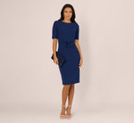 Short Sleeve Bow Waist Sheath Dress In Navy Sateen 1