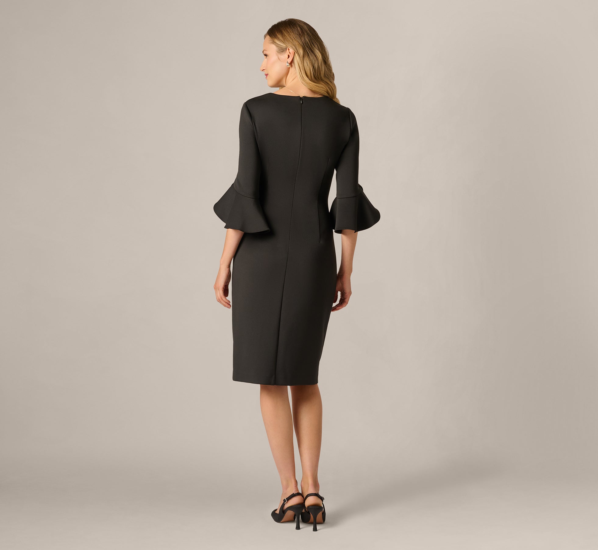 open lace back dress Black Three Quarter Sleeve Faux Wrap Midi Dress