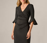 Three Quarter Sleeve Faux Wrap Midi Dress In Black 3