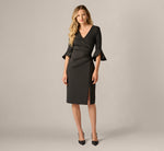 Three Quarter Sleeve Faux Wrap Midi Dress In Black 7
