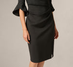 Three Quarter Sleeve Faux Wrap Midi Dress In Black 4