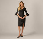 Three Quarter Sleeve Faux Wrap Midi Dress In Black 1