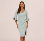 Three Quarter Sleeve Faux Wrap Midi Dress In Aqua Dust 2