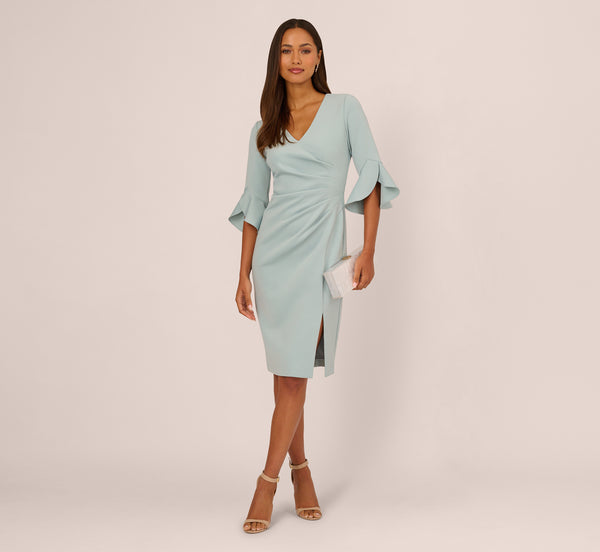 aqua puff sleeve midi dress Blue Three Quarter Sleeve Faux Wrap Midi Dress