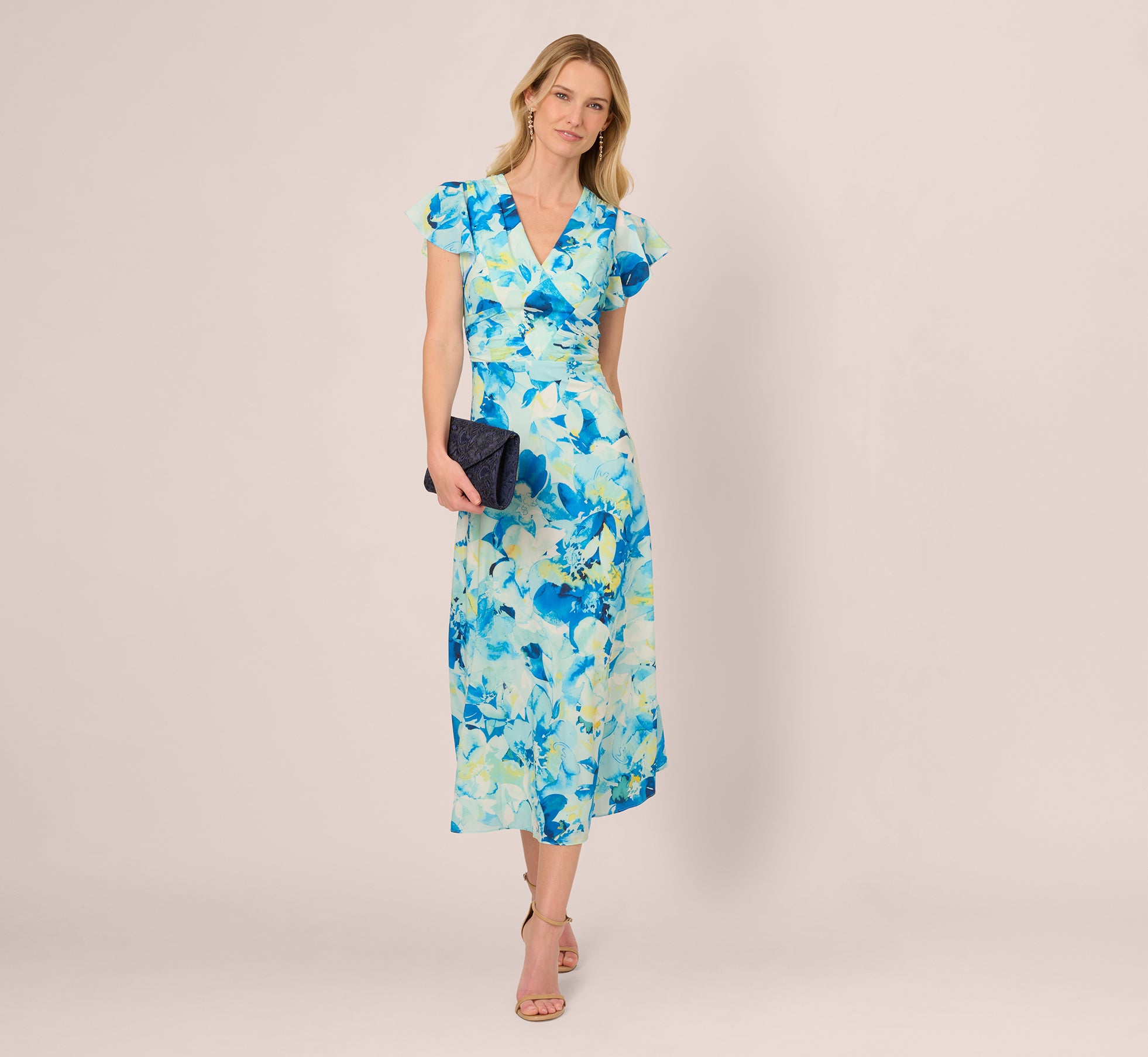 adrianna papell Flutter Sleeve Floral Chiffon Midi Dress In Blue Multi