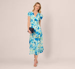 Flutter Sleeve Floral Chiffon Midi Dress In Blue Multi 1