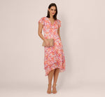 Flutter Sleeve Floral Stripe Flounce Midi Dress In Peri Coral Multi 1