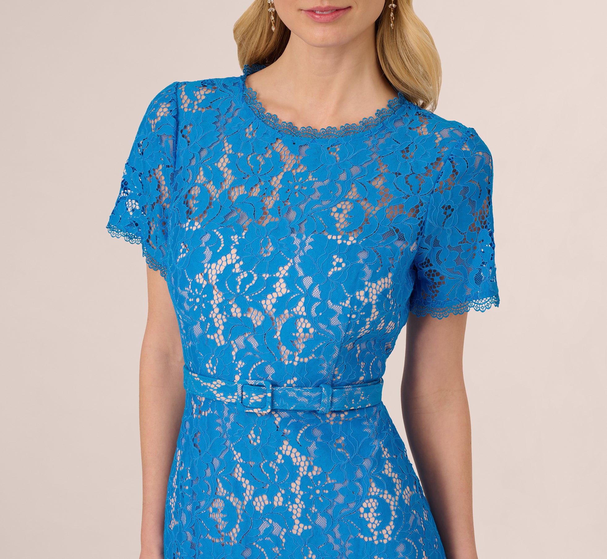Blue Wave Short Sleeve Belted Lace Midi Dress - Adrianna Papell Blue Wave Short Sleeve Belted Lace Midi Dress - Adrianna Papell