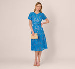 Short Sleeve Belted Lace Midi Dress In Blue Wave 2