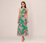 Floral Chiffon Halter Midi Dress In Green Multi 2