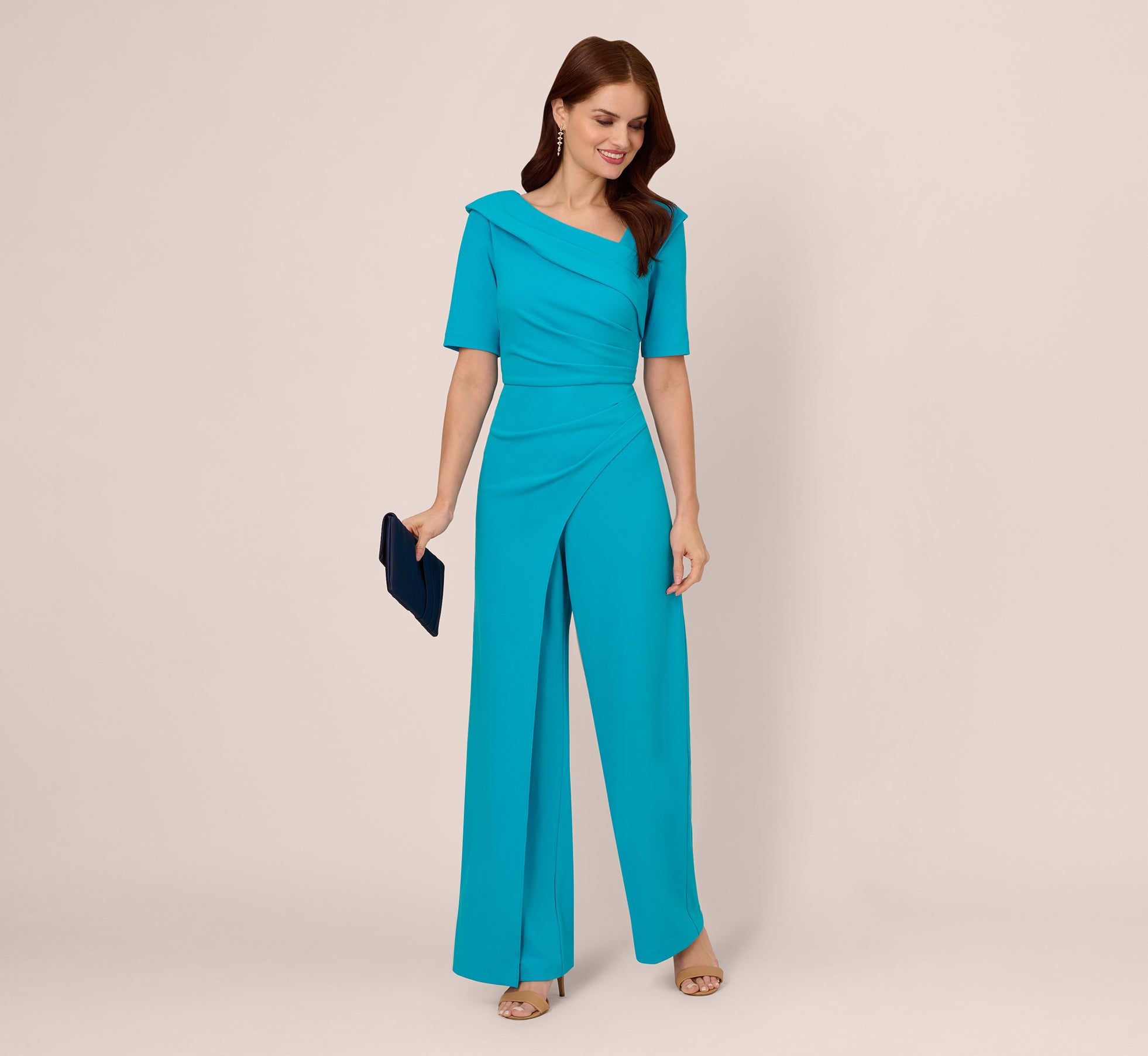Short Sleeve Asymmetrical Wide Leg Crepe Jumpsuit In Bel Air Blue 1