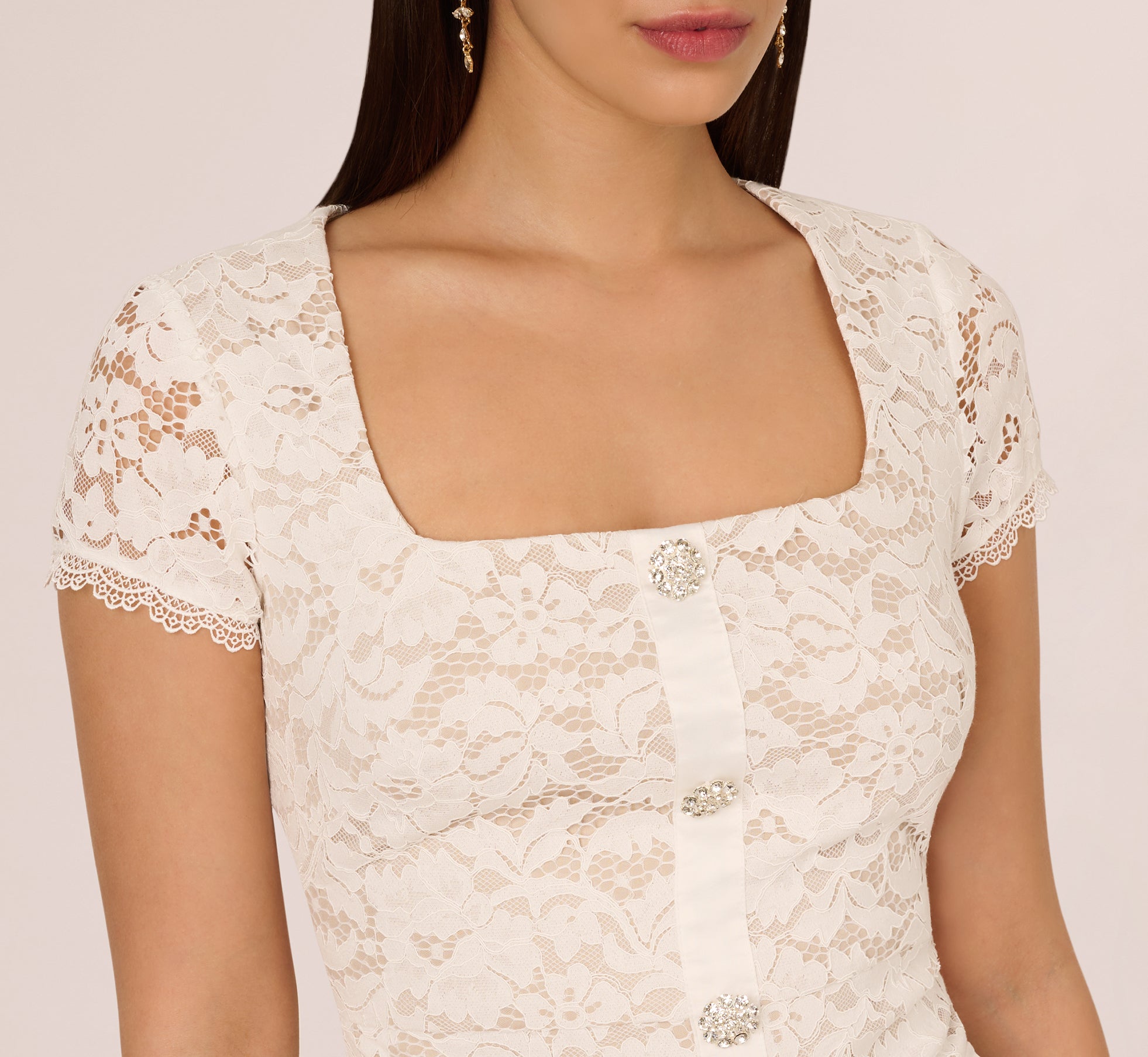 chinese dress ladies Button Front Yoke Neck Dress With Lace Shoulders – Dressbarn main image 0