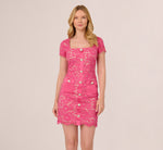 Cap Sleeve Rhinestone Button Lace Short Dress In Petunia 8