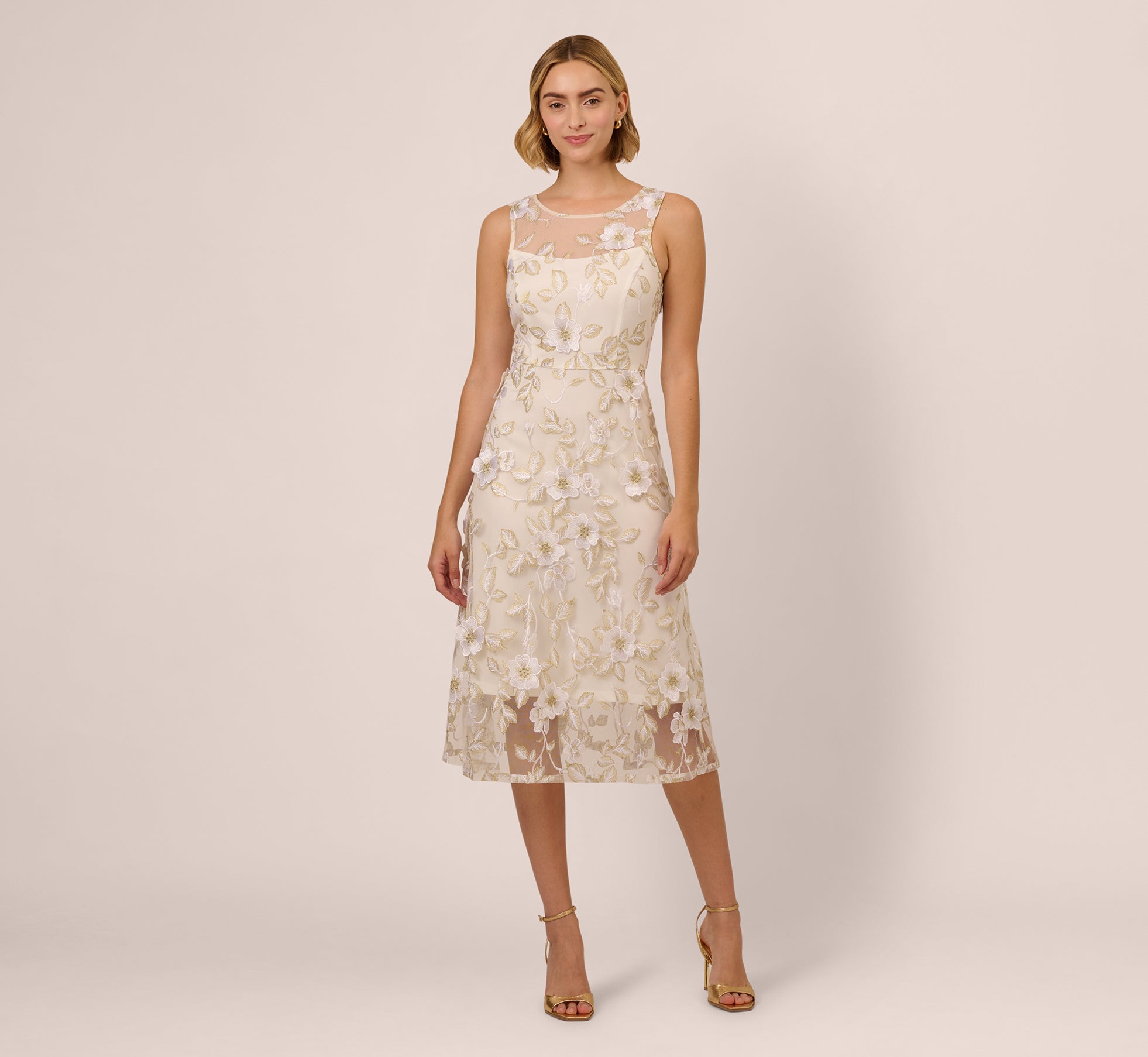 Floral Embroidery Illusion Midi Dress In Ivory Gold - Adrianna Papell Floral Embroidery Illusion Midi Dress In Ivory Gold - Adrianna Papell