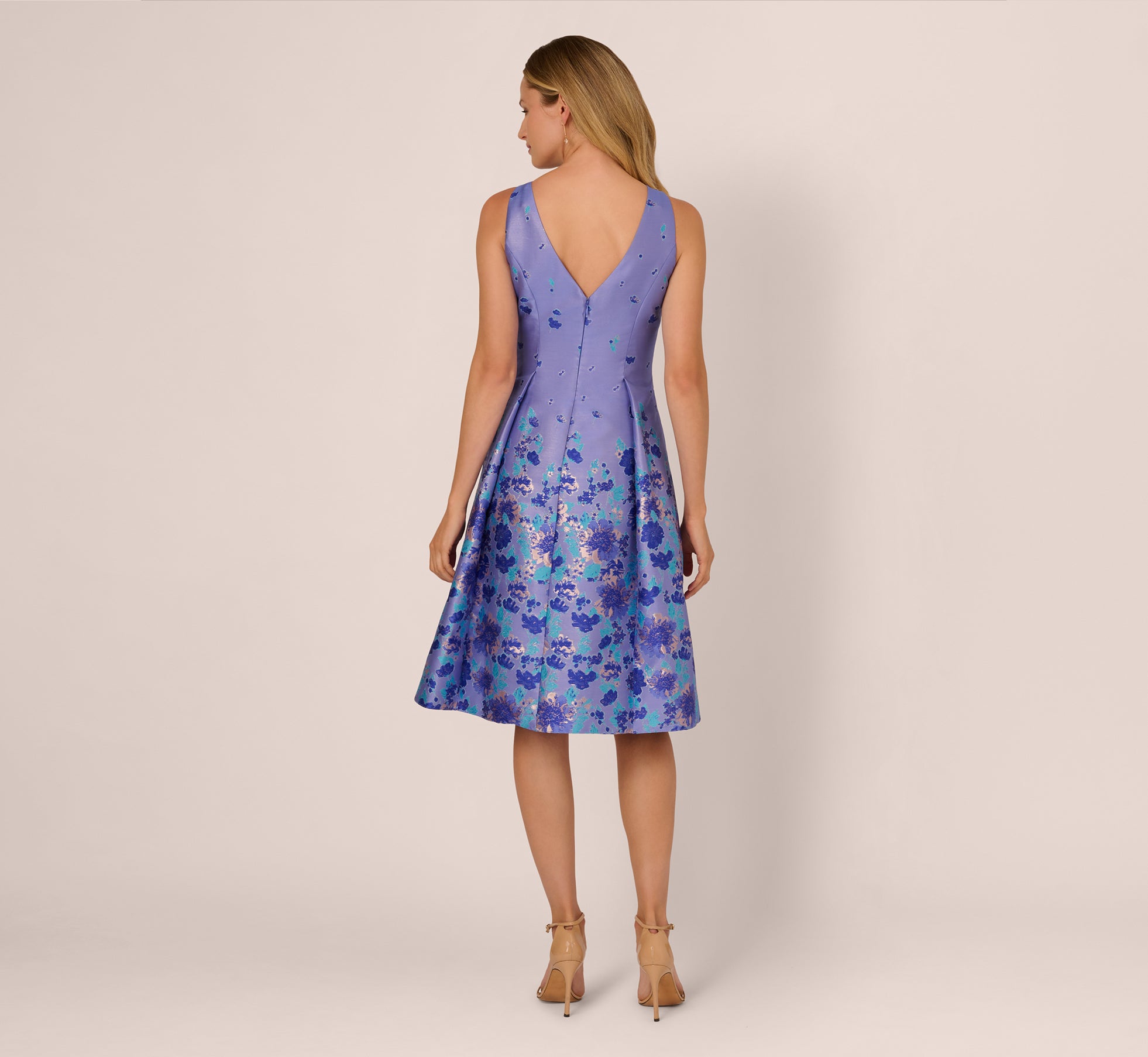 Multi Colored Sleeveless Floral Jacquard Fit And Flare Dress