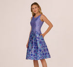 Sleeveless Floral Jacquard Fit And Flare Dress In Blue Multi 2