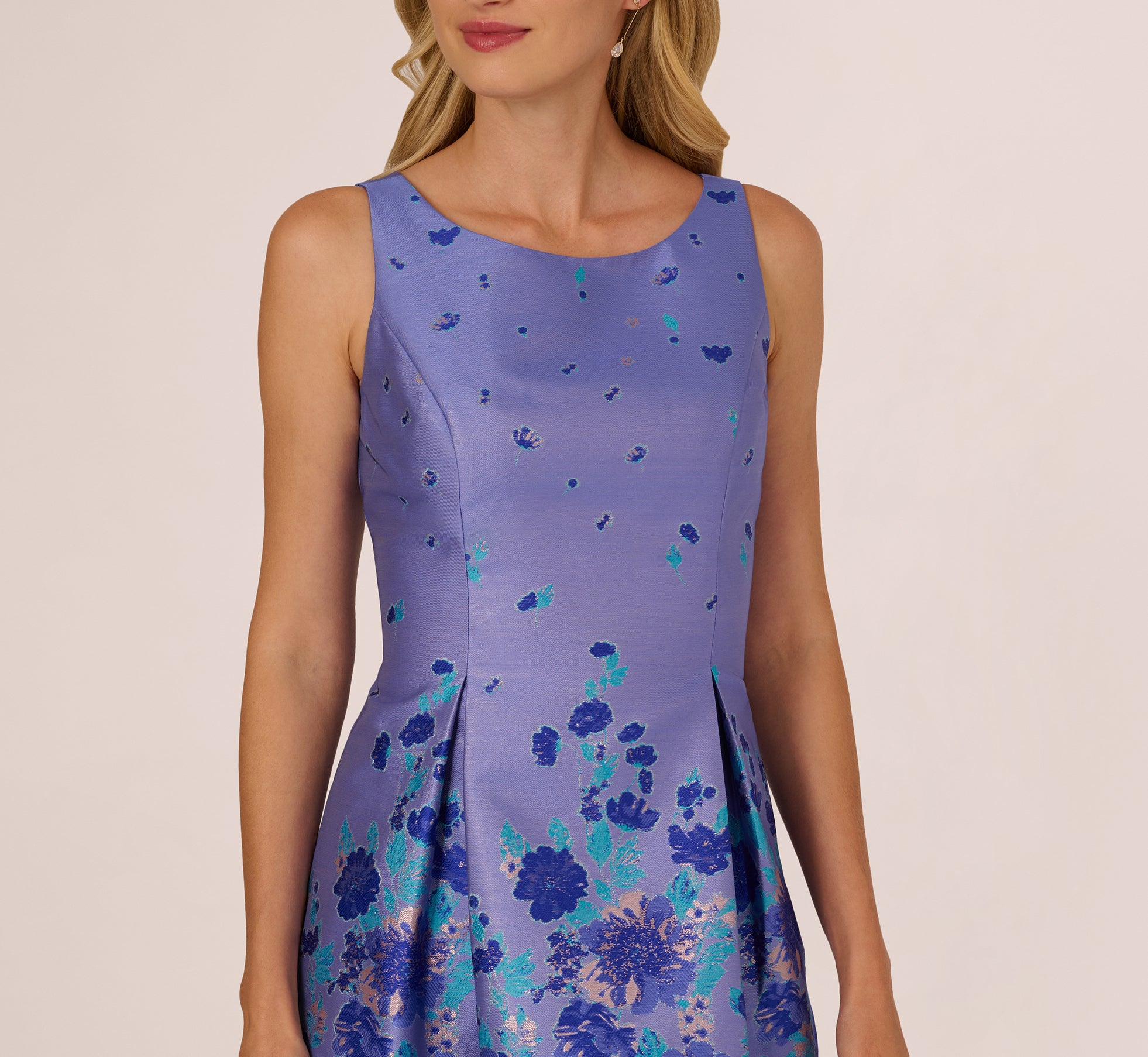 slim fit dress slacks Blue Multi Sleeveless Floral Jacquard Fit And Flare Dress
