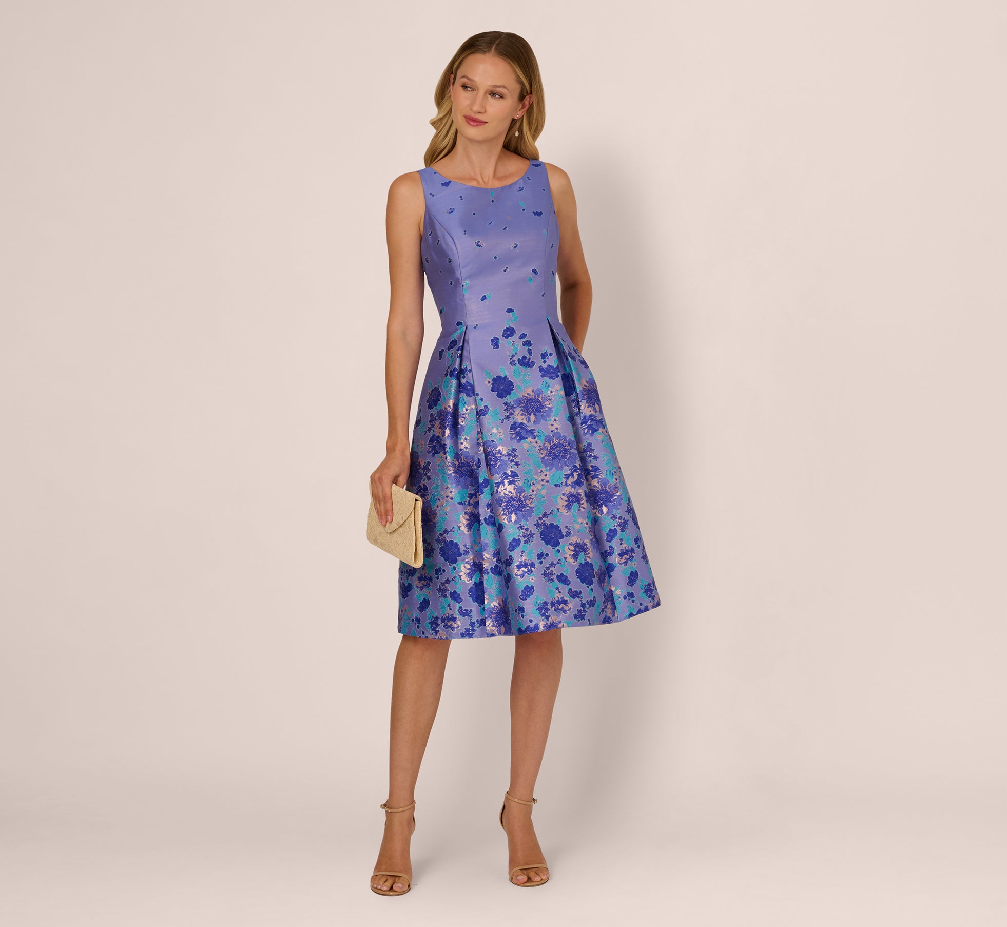 Sleeveless Floral Jacquard Fit And Flare Dress In Blue Multi 1